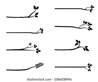 Black vector tree branch silhouettes with leaves for graphic design, backgrounds and greeting cards