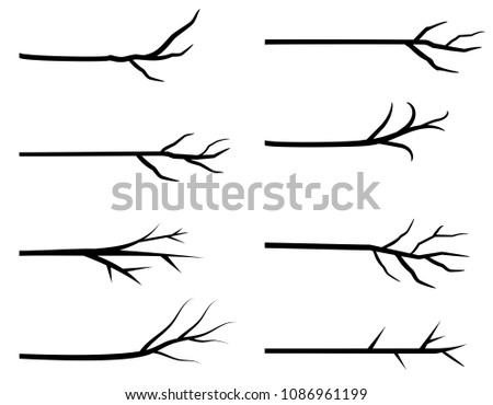 Black vector tree branch silhouettes without leaves for graphic design, bare twigs for backgrounds and greeting cards