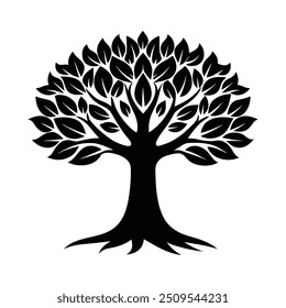Design gráfico de árvore vetorial preto, perfeito para impressões com temas naturais, logotipos.