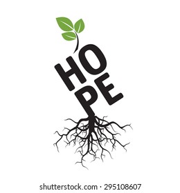 Black vector Tree, green Leaves, Roots and text HOPE. Outline Illustration and graphic element.