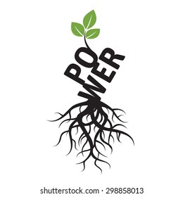 Black vector Tree, green leaves, Roots and text POWER. Outline illustration on white background.