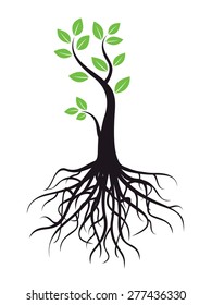 Black vector tree with roots and green leafs. 
