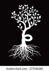 Black vector tree with roots and leafs. 