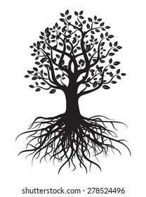 Black vector tree with roots and leafs.