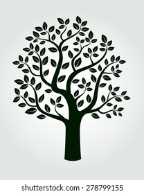 Black vector tree with roots and leafs.
