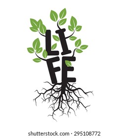 Black vector tree, roots, and text LIFE