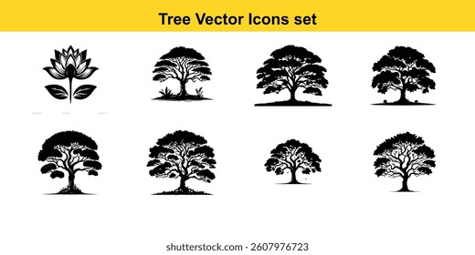 Black vector tree silhouettes set with floral design elements