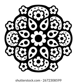 Mandala de tatuaje tribal de Vector negro con patrones florales y paisley aislados sobre un fondo blanco