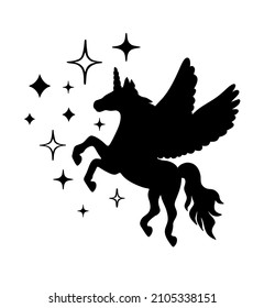 Black vector unicorn pegasus horse pony silhouette with wings,twinkling stars icons stencil drawing .Magic.Plotter laser cutting.T shirt print design.Vinyl wall sticker decal.Cricut.Cut.DIY.Decor.Card