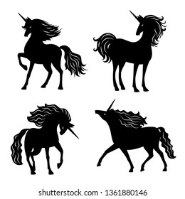 Black vector unicorn silhouettes isolated on white background. Magic horse with horn, black white unicorn illustration