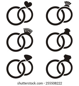 Black vector various wedding rings pairs joined together