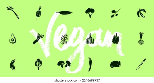 Black vector vegetable icons. Vegan label, healthy food packaging design. Hand drawn avocado symbol, potato icon, artichoke sign, celery Illustration, asparagus drawing, carrot insignia, tomato design