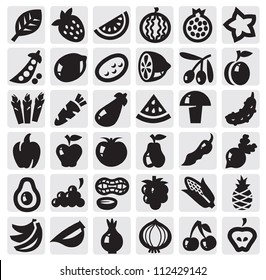 black vector vegetables and fruits icon set on gray