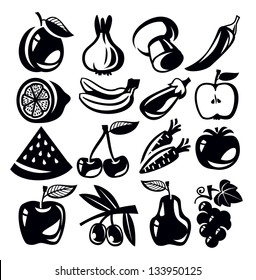 black vector vegetables and fruits icon set on white