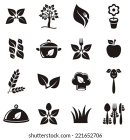 Black vector vegetarian organic food icons set isolated