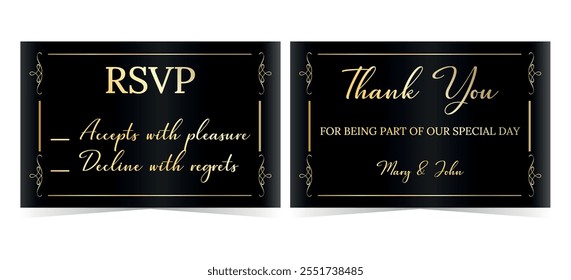 Schwarze Vektor Hochzeit Einladung Design-Vorlage mit goldenen Vintage-Rahmen. Vielen Dank und rsvp Karte mit Ziergold Rahmen. Hochzeit Luxus-Karten mit Ornamentik Locken, Teiler, Rand-Design