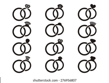 Black vector wedding rings icons big set