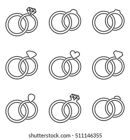 Black vector wedding rings thin line icons collection