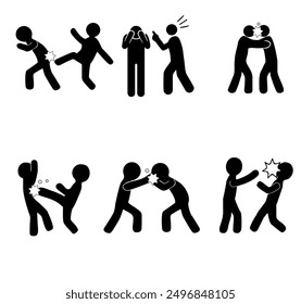 black vector white background, social verbal bullying symbols, symbols of hitting, fighting, kicking and social distancing