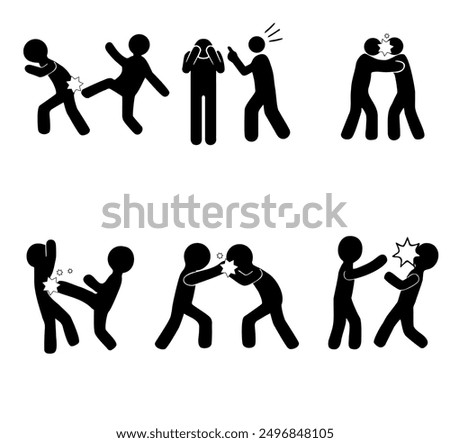 black vector white background, social verbal bullying symbols, symbols of hitting, fighting, kicking and social distancing