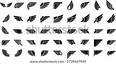 Black vector wing icons set with bird and angel wings silhouettes for logo design, flight symbols, speed emblems, and heraldic elements.