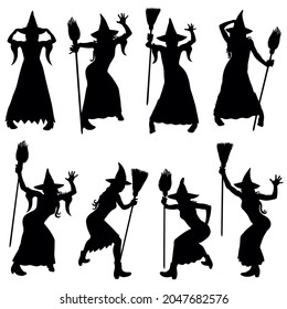 Black Vector Witch Symbols. Silhouettes Of Halloween Witches In Long Skirt And Hat With Broomstick. 