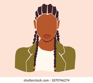 Black vector woman portrait on the pink isolated background. Black girl with dreadlocks in green blazer.