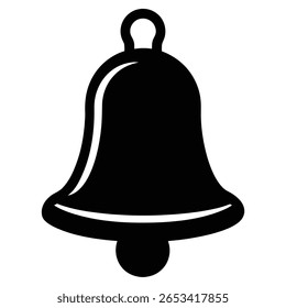 A black vectorized rendering of a traditional bell displays its curved form and simple design against a bright white backdrop, suitable for diverse creative applications.