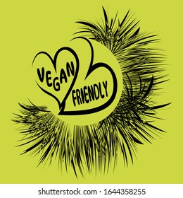 Black Vegan Friendly symbol. Eco icon. Bio vegan friendly  in glyph style. Label for different vegetarian product. Lettering Vegan inside hand drawn heart. Vegan lifestyle symbol on green background