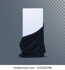 Black velvet fabric with paper banner. Decoration element for design. Vector realistic illustration. Realistic textile with folds and drapes isolated on transparent background