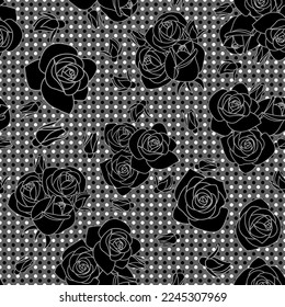 Black Velvet Roses. Seamless pattern with polka dot roses.  Seamless pattern with polka dot roses. Seamless background for fabrics, textiles, packaging and wallpaper. Vector Illustration
