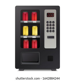 black vending machine filled with red and yellow beverage cans  isolated on white background. 3d realistic vector illustration