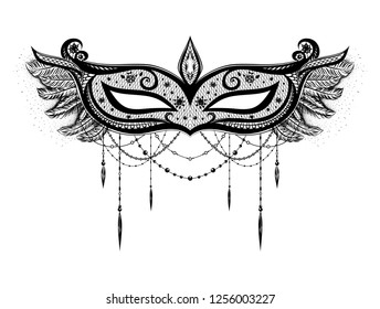 Black venetian mask on the white background. Isolated illustration. Mask with feathers and beads. Symbol of masquerade ball.