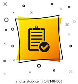Black Verification of delivery list clipboard and pen icon isolated on white background. Yellow square button. Vector Illustration