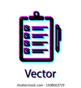 Black Verification of delivery list clipboard and pen icon isolated on white background.  Vector Illustration