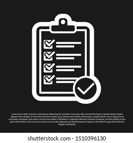Black Verification of delivery list clipboard and pen icon isolated on black background.  Vector Illustration