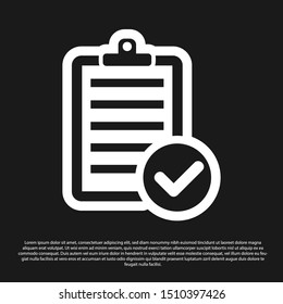 Black Verification of delivery list clipboard and pen icon isolated on black background.  Vector Illustration