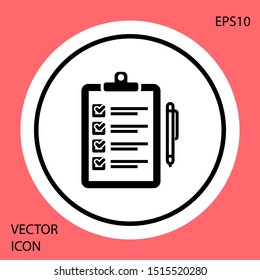 Black Verification of delivery list clipboard and pen icon isolated on red background. White circle button. Vector Illustration