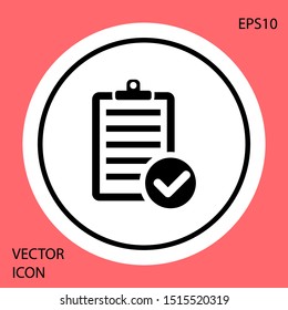 Black Verification of delivery list clipboard and pen icon isolated on red background. White circle button. Vector Illustration