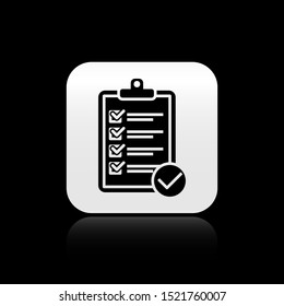 Black Verification of delivery list clipboard and pen icon isolated on black background. Silver square button. Vector Illustration