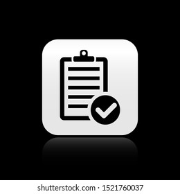 Black Verification of delivery list clipboard and pen icon isolated on black background. Silver square button. Vector Illustration