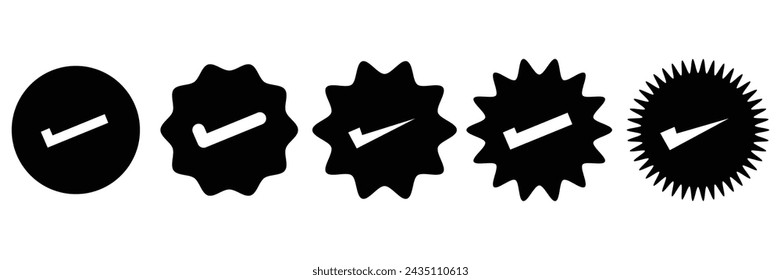 Icono de marca de insignia verificada negra, icono de marca de graduación verificada y auténtica. Conjunto de iconos verificados de redes sociales. Estampilla de Internet. Ilustración vectorial. Archivo Eps 523.