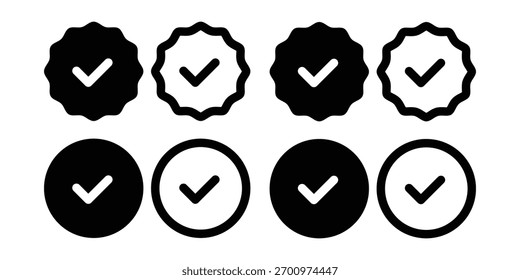 Symbolsatz für schwarzes überprüftes Häkchen: Authentifizierungskennzeichen-Symbole für Profil-, Garantie-, Sicherheits-, Genehmigte- und Statusvektoren