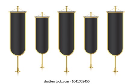 Black vertical banner flags with golden strokes, standing in a row. Banner flag templates isolated on background. Vertical flags realistic mockup.