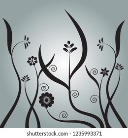 black vertical floral bush with curly drawing vector illustration image