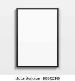 Black vertical frame hanging on a white wall. Blank elegant frame template, with clear space for art, image, or text placement. Rectangular shape modern picture frame, realistic vector mockup.