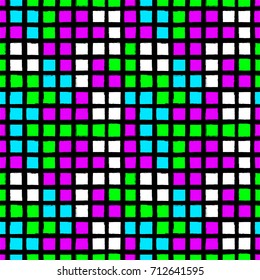 Black vertical and horizontal lines with green, pink, and blue squares seamless pattern. EPS10 vector illustration for texture, fabric, wallpaper. Decorative pattern design in contemporary art style.