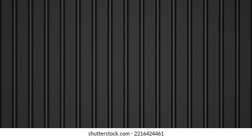 Black vertical lines plastic siding realistic texture. Dark metal striped roof sheet, seamless pattern. Gray corrugated fence background. Line industrial wall panel. Horizontal roofing banner