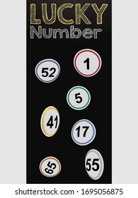 Black Vertical Panel With Hand Drawn Style Flying Bingo Lottery Buttons Number And Lucky Number Decorative Text Over White Background