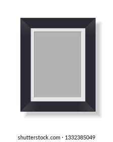Black vertical plastic frame on white background with white mat and gray paper inside. Empty picture frame on transparent background.  Realistic vector image. Isolated  template  mockup.
